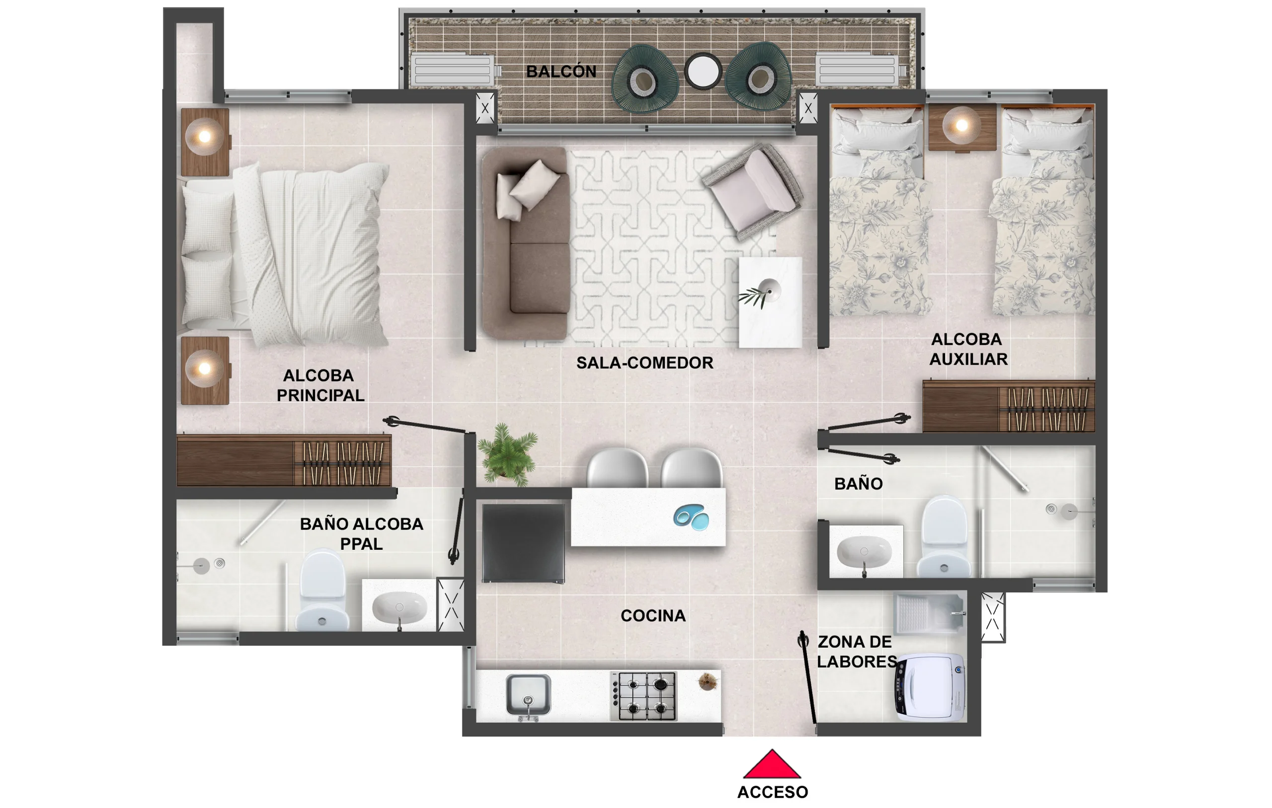 Tipo A; Area total construida 48m2; Balcón 4,43m2