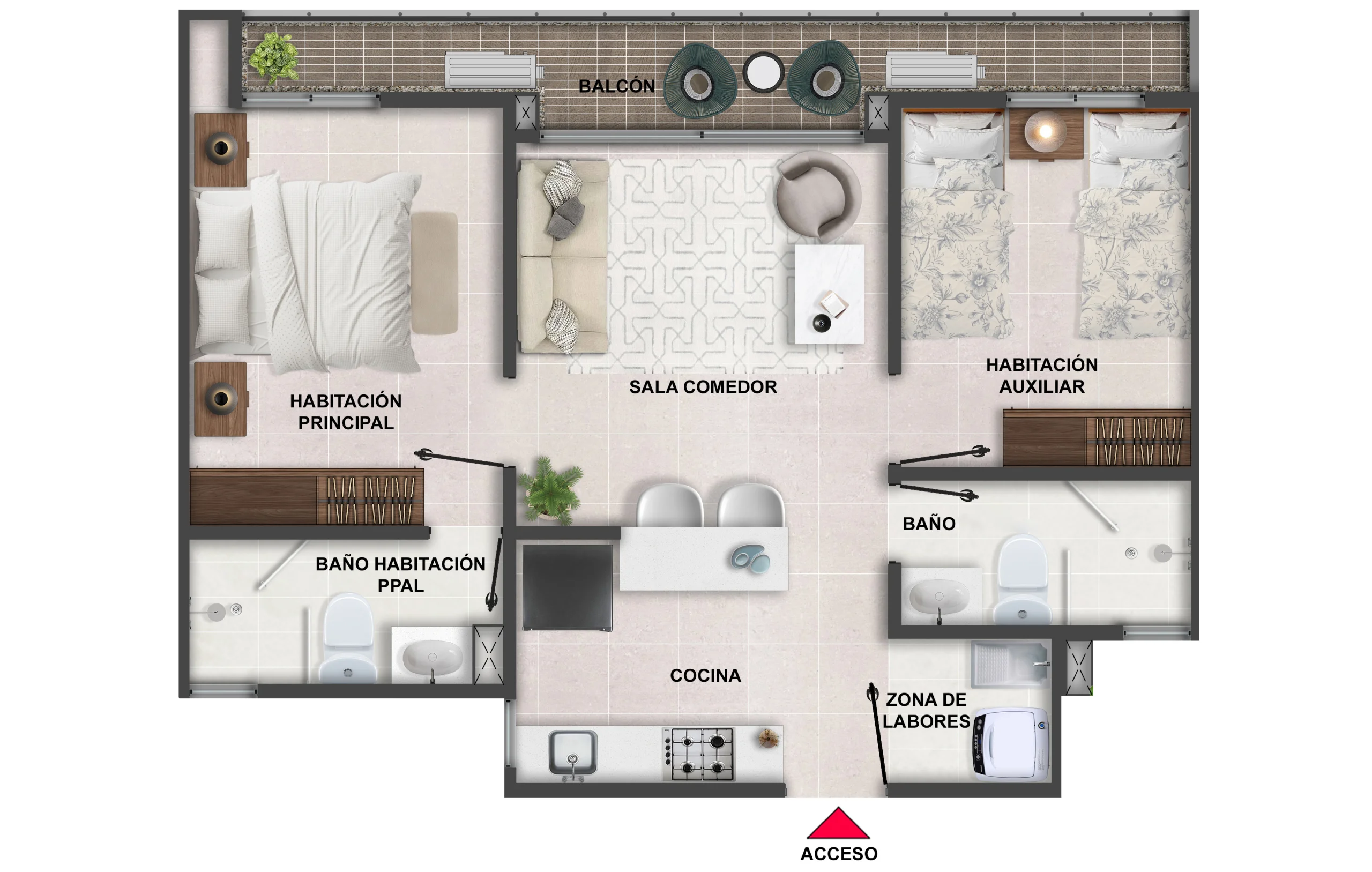 Tipo B; Area total construida 48m2; Balcón 6,76m2