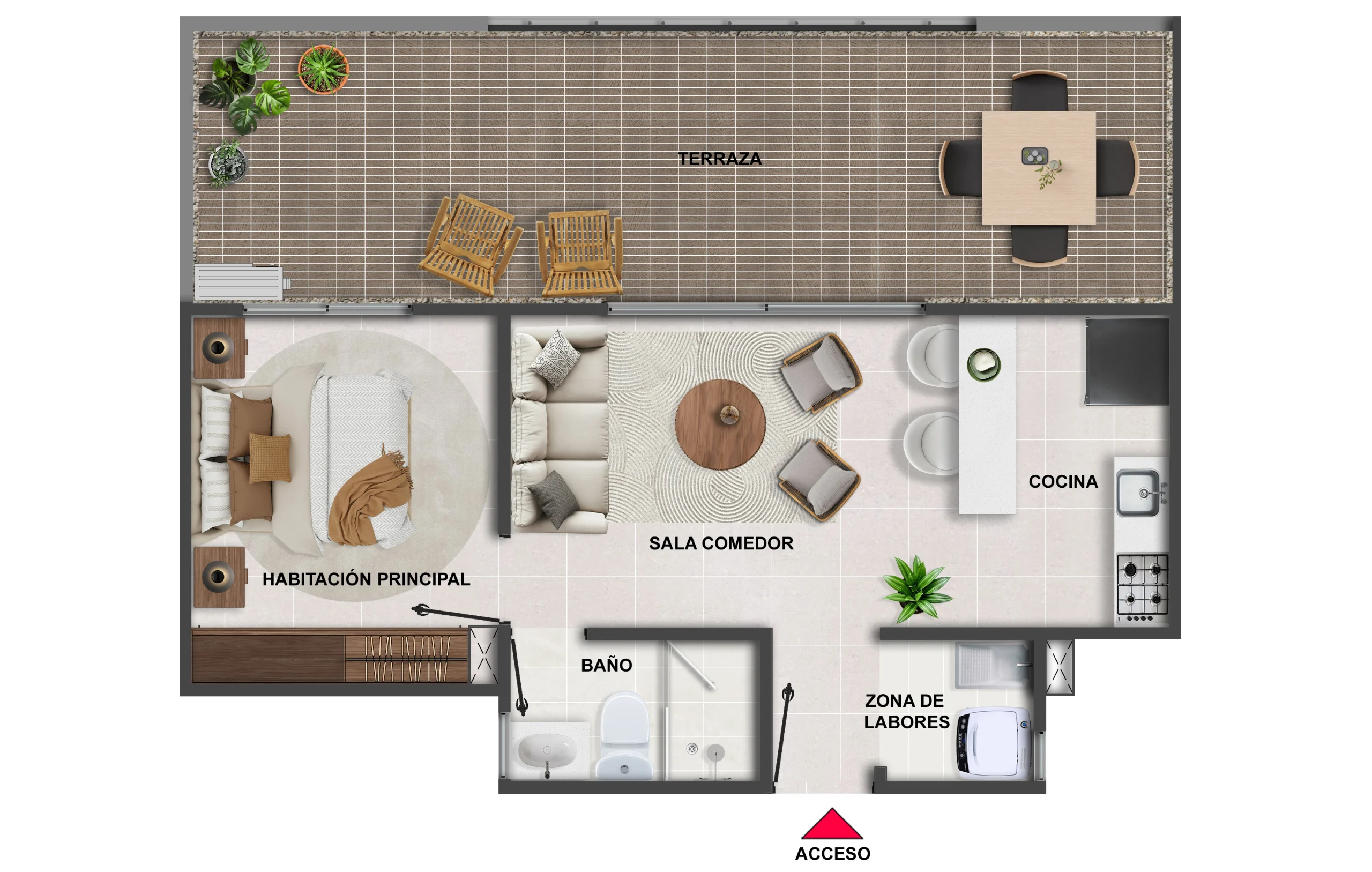 Tipo Altillo; Area total construida 33m2; Balcón 21,87m2