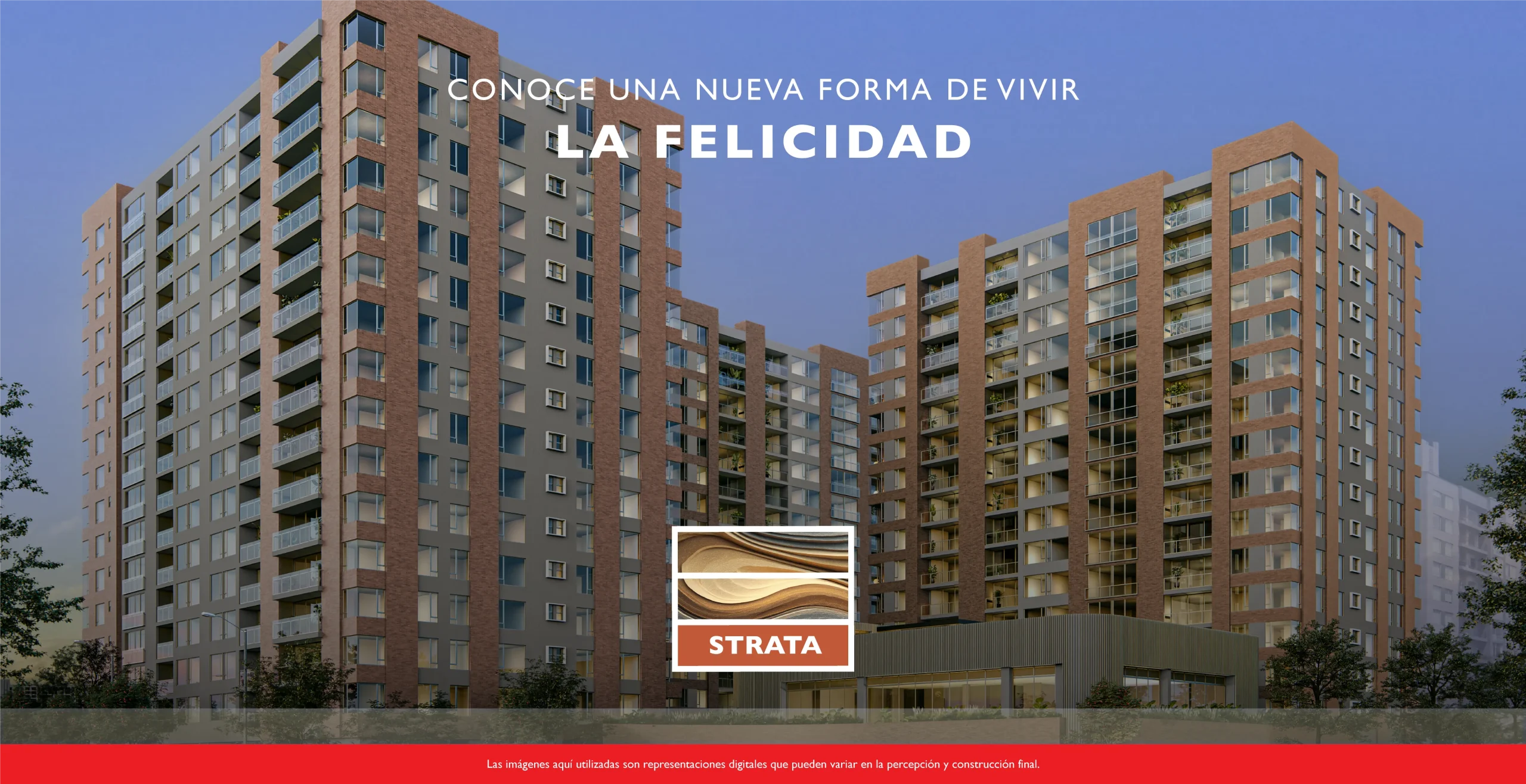 Banner principal y fachada del nuevo proyecto Strata, apartamentos en la Felicidad Cusezar